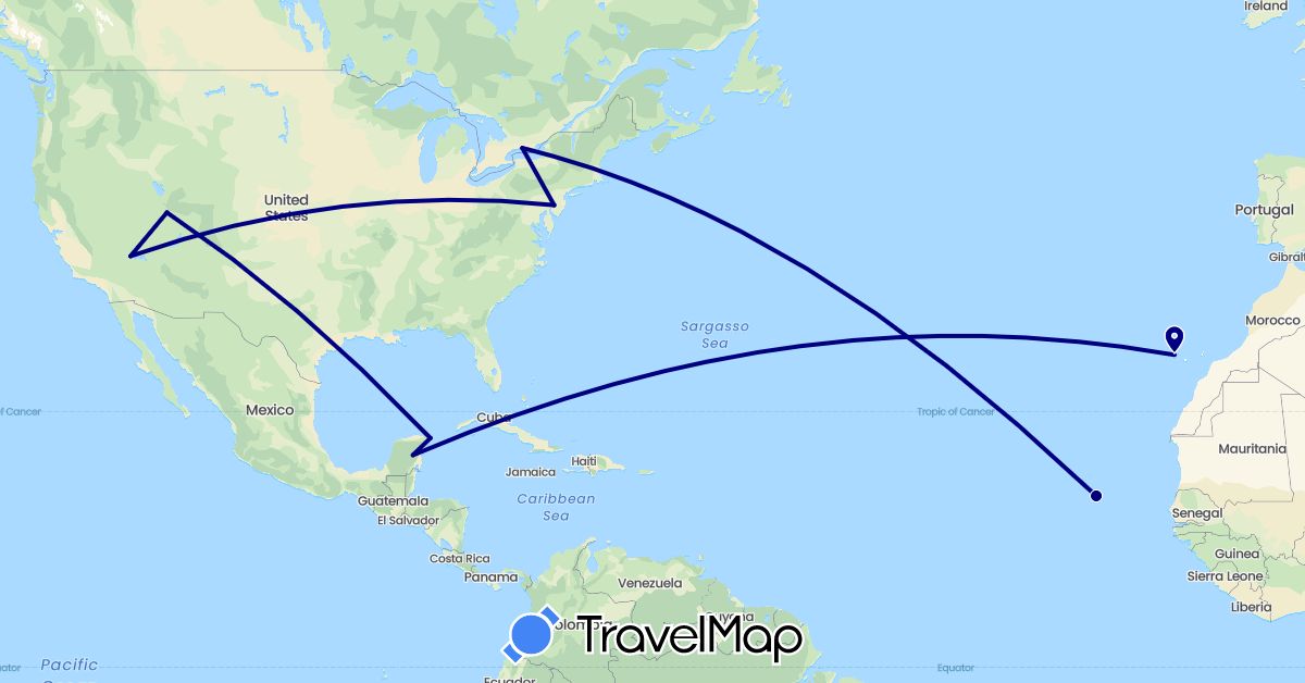 TravelMap itinerary: driving in Canada, Cape Verde, Spain, Mexico, United States (Africa, Europe, North America)